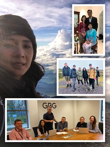Elaine with proud mum and dad in Malaysia, with the Commercial Finance team and participating with them on the GBG Challenge last year and on top of the world at Mount Fuji, Japan