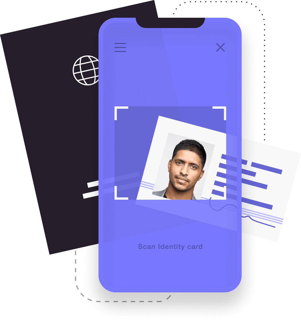 Graphic illustrating smartphone scanning identity card for verification